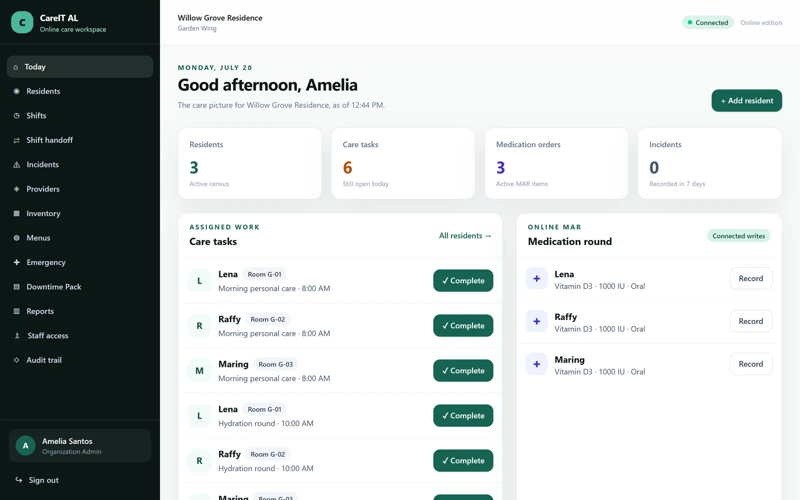 The CareIT AL dashboard showing tasks due, medication passes open and recent incidents.