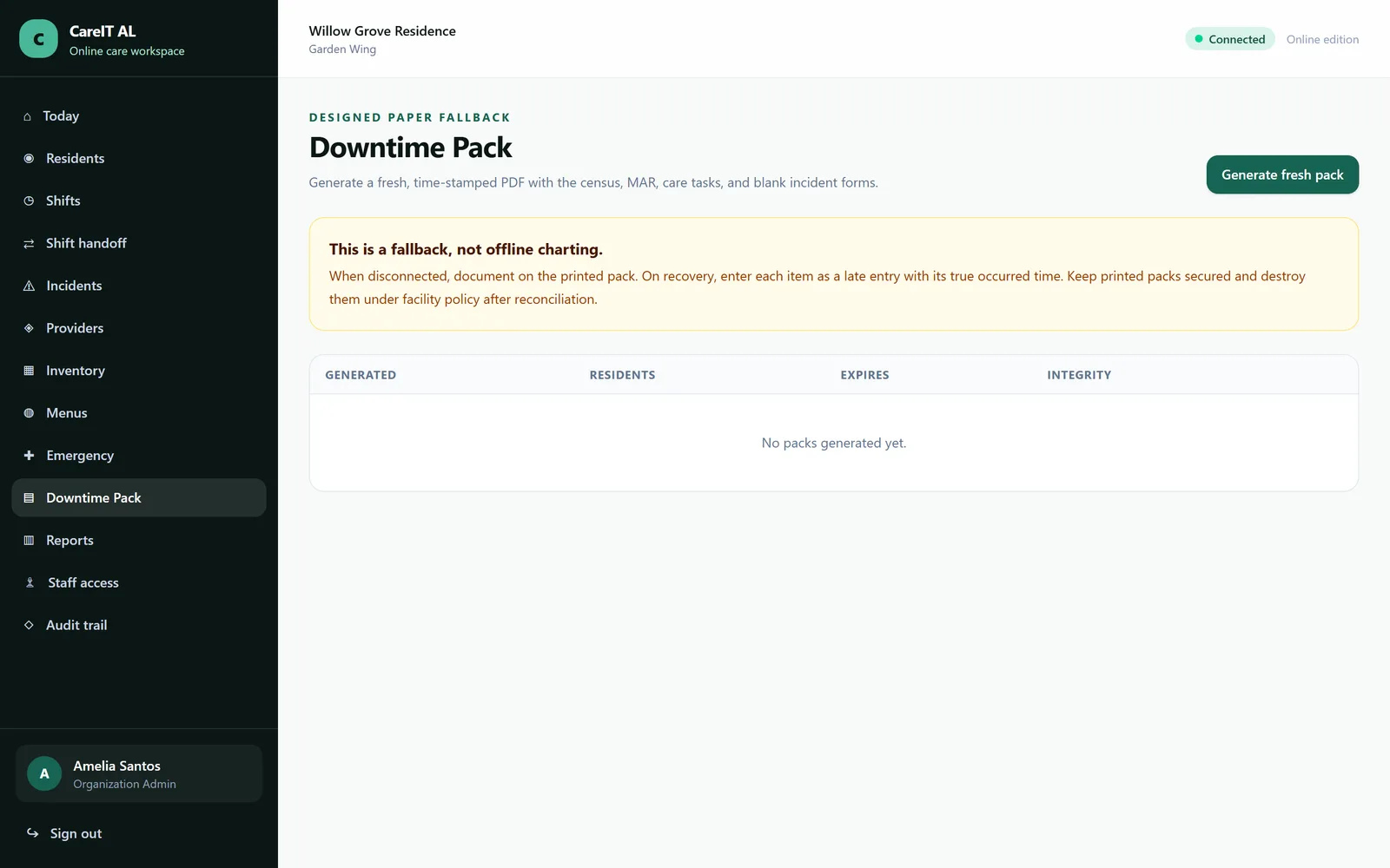 Downtime Pack — A generated paper pack — MAR sheets, resident summaries, emergency cards — for when the network is down.