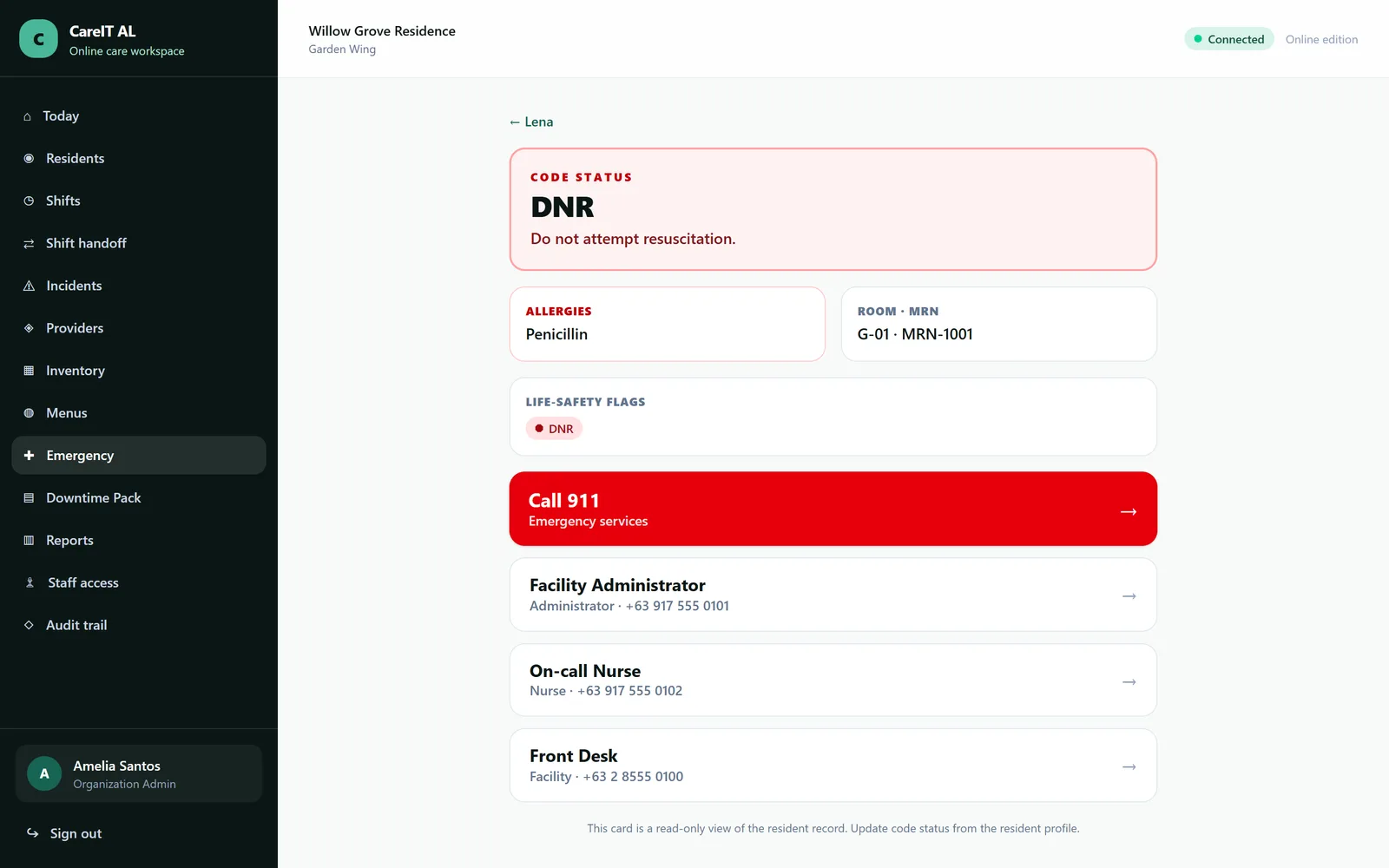 A resident emergency card showing code status, allergies, conditions and contacts on one page.