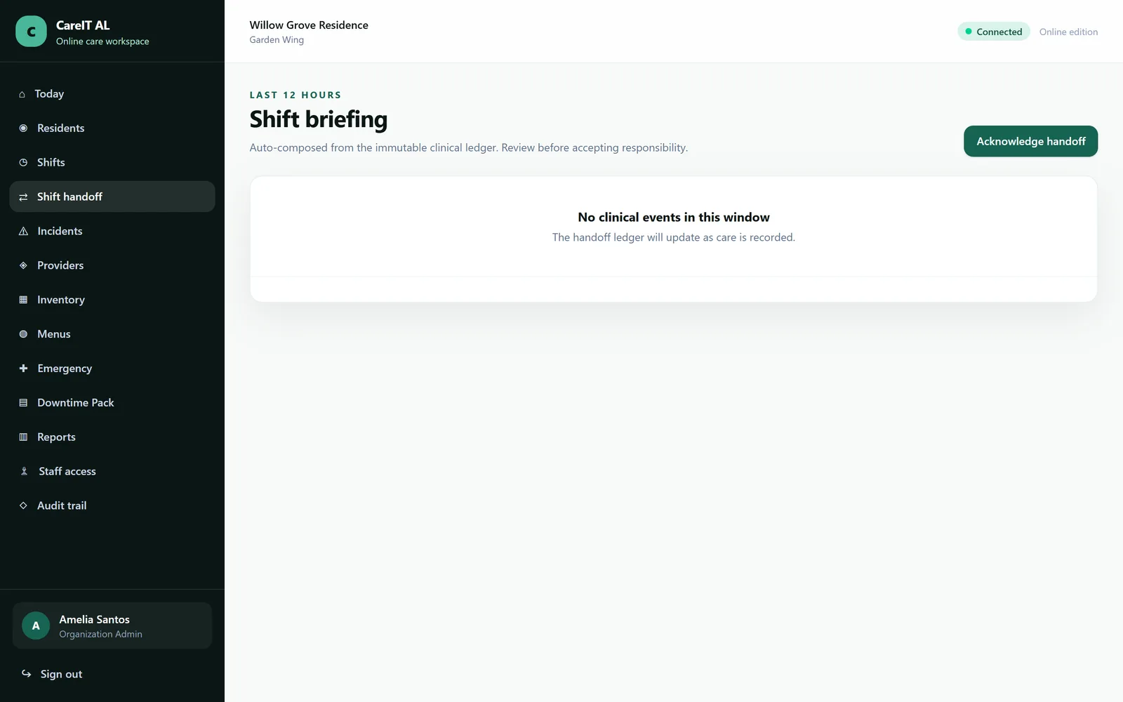 Shift handoff — The end-of-shift summary, acknowledged by the person taking over.