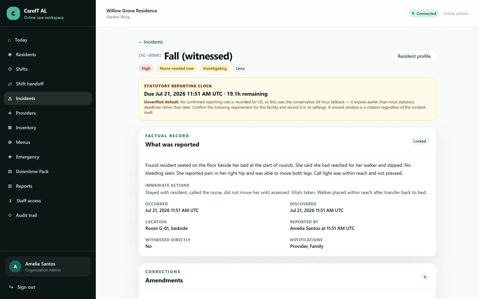 An incident record with its post-fall checks and reporting countdown.