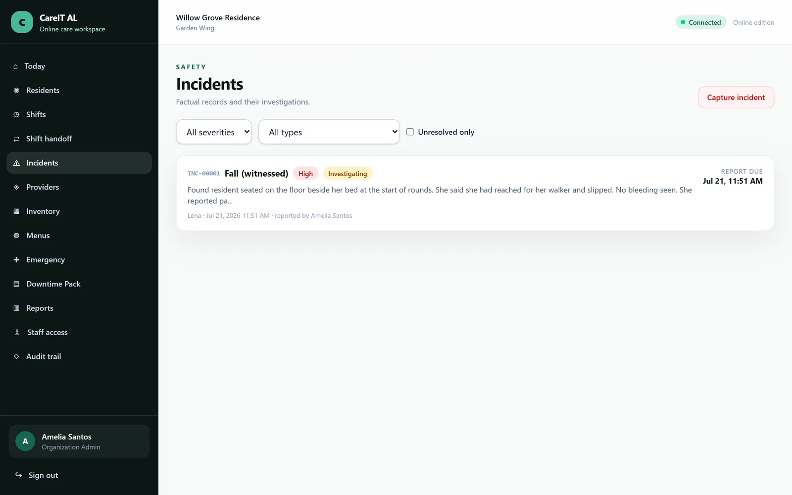 Incident register — Every incident, its severity, its reporting clock and whether the investigation is closed.