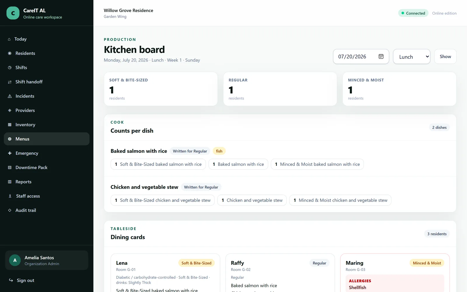 Kitchen board — Today's service: the production tally to cook from, and dining cards for the floor.