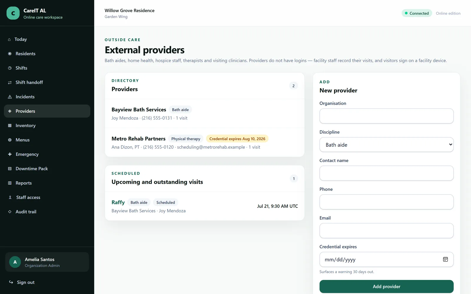 External providers and therapy — Physicians, podiatrists, therapists and agencies — tracked without giving any of them a login.