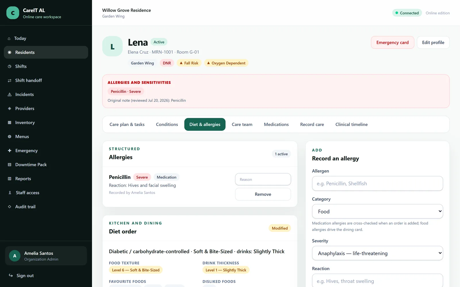 Dietary profile — Diet order, texture, drink thickness, preferences and structured allergies in one place.