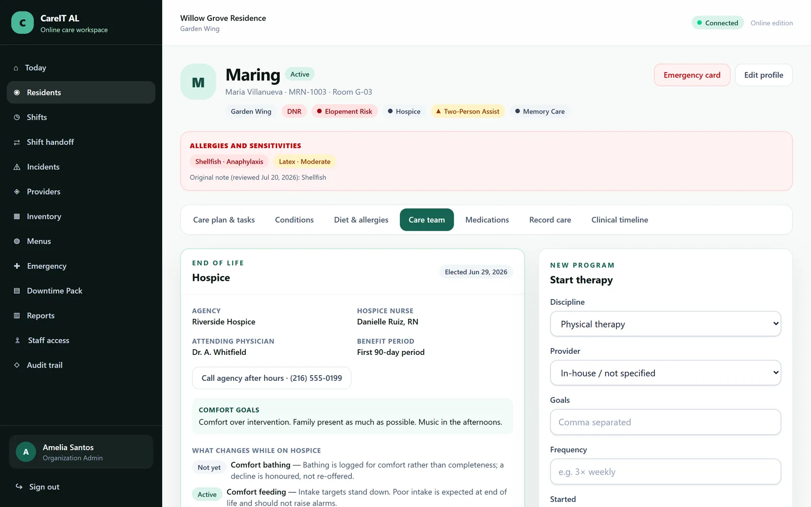 Hospice co-management — An active hospice enrolment, the agency, and the notes that pass between both teams.