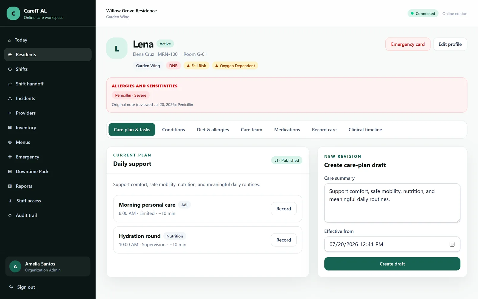 Resident profile — The chart. Identity, room, contacts, care team and every module tab for this person in one place.