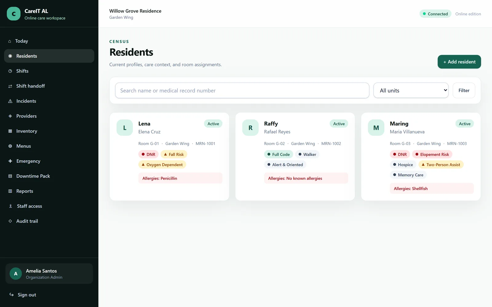 Resident roster — Everyone in the community, with the flags that change how you approach them visible before you click.