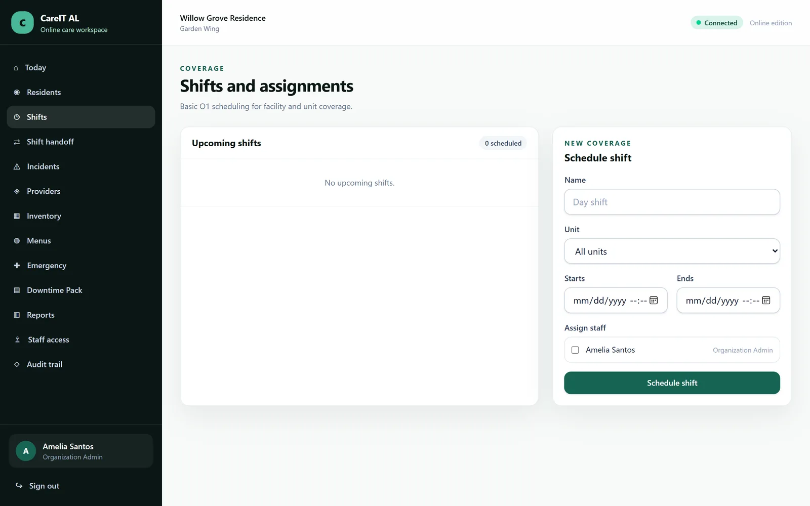 Shifts and assignments — Who is on, when, and which residents each person is responsible for.