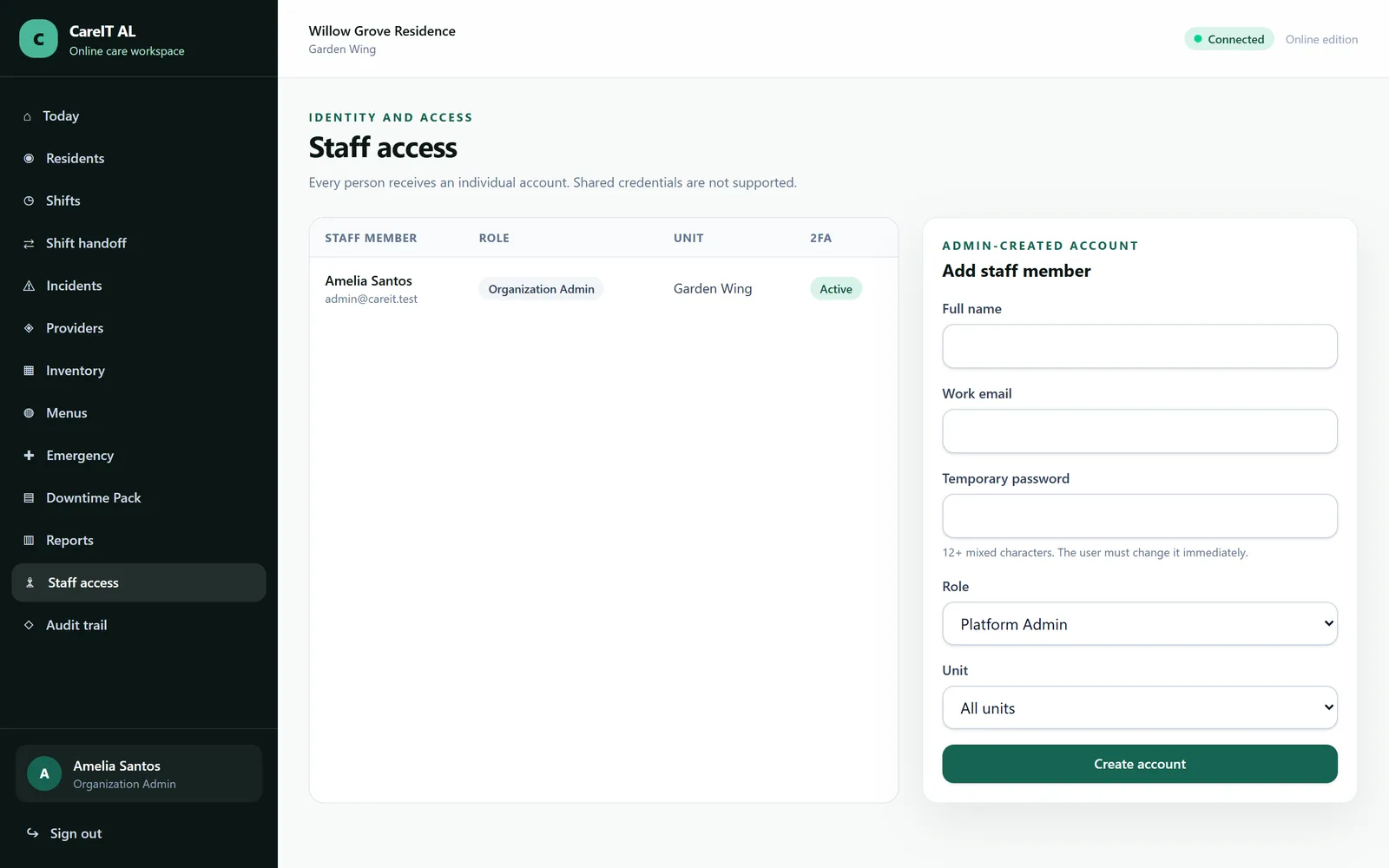 Staff and access — Accounts, roles, facility assignment and two-factor status for the whole team.