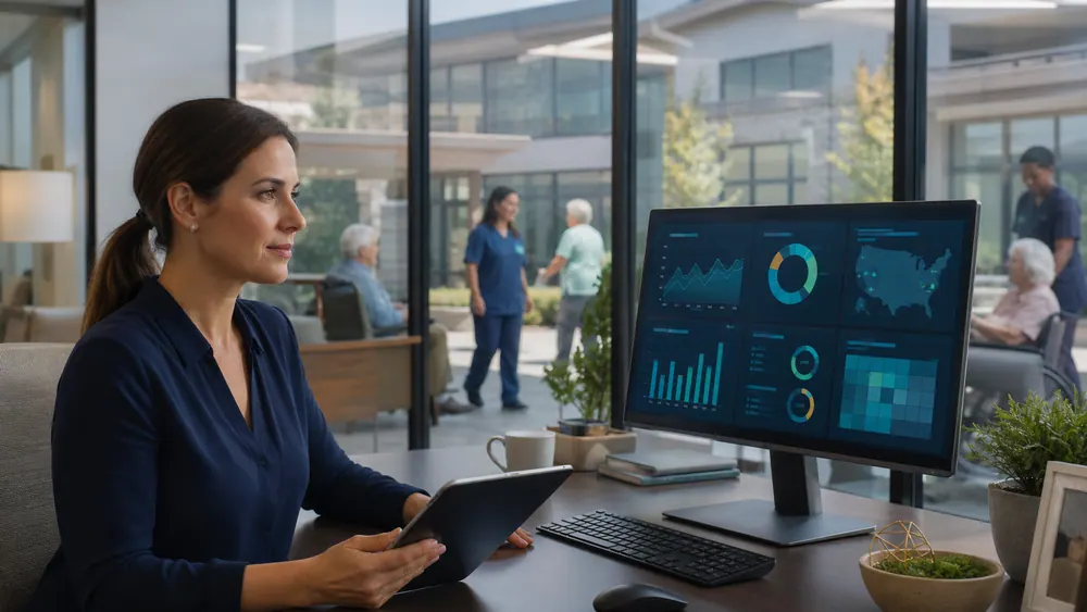 An administrator reviewing operational dashboards at her desk.