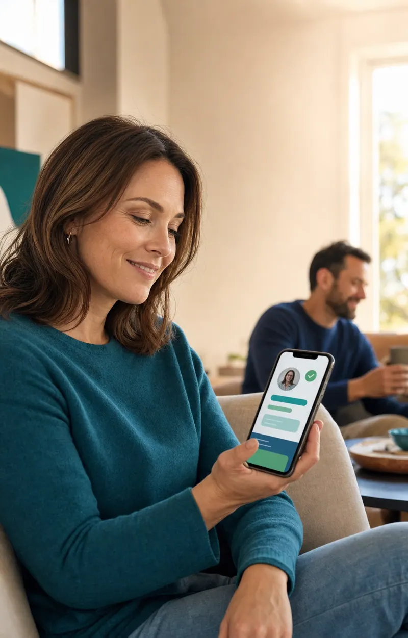 A woman sitting at home, reading an update about her parent's care on her phone.
