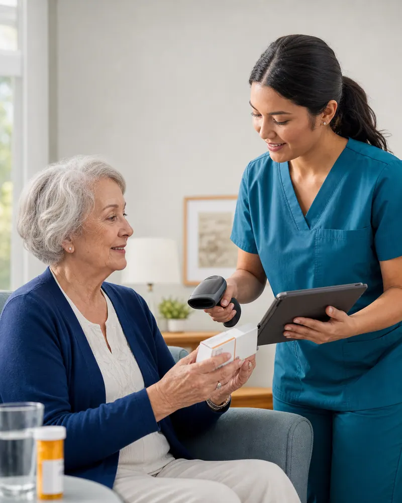 A nurse scanning a medication package at a resident's side, tablet in hand.