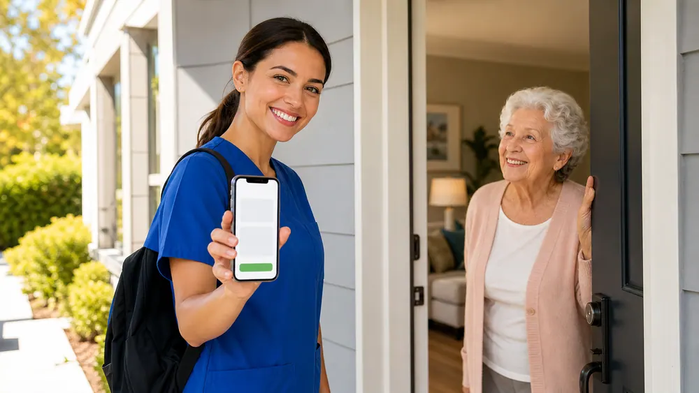 A caregiver arriving at a residence, phone in hand, greeted at the door.