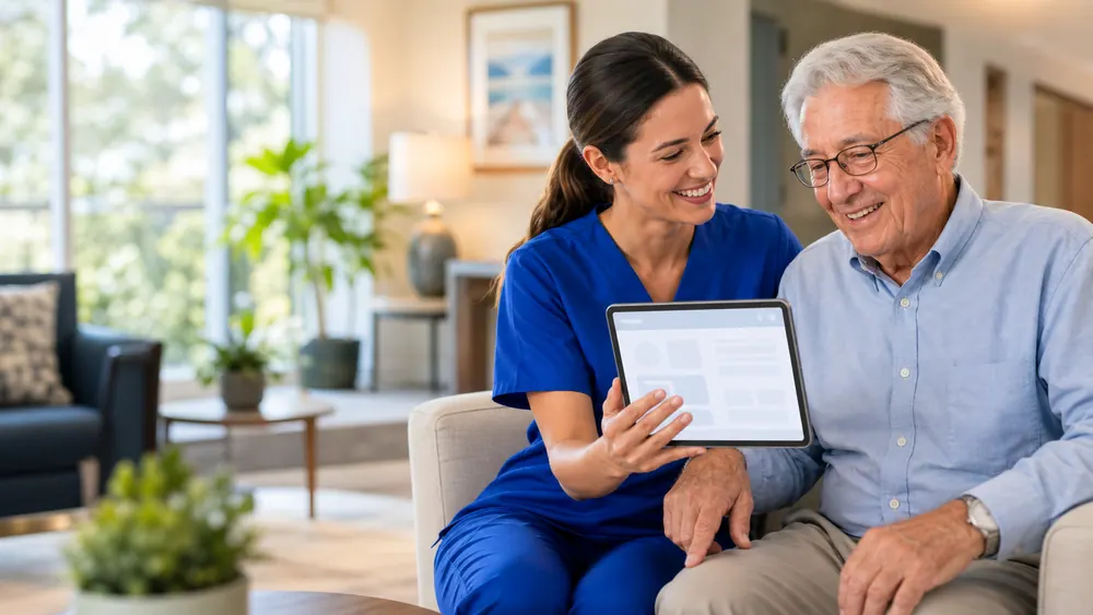 A caregiver sitting with a resident, reviewing something together on a tablet.
